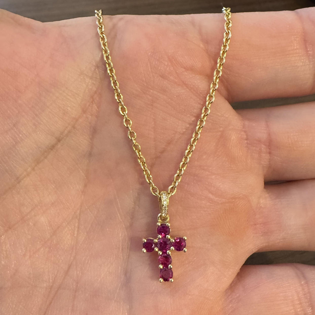 18k Yellow Gold Ruby and Diamond Cross Pendant Cable Link Necklace