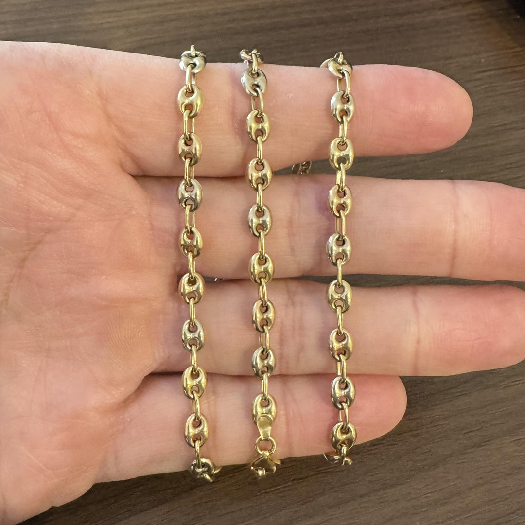 18k Yellow White and Rose Gold 20g Puffy Mariner Link Necklace Italy 24"
