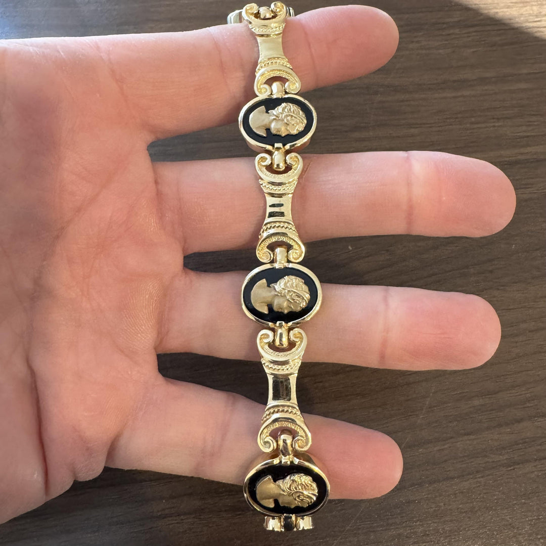 14k Yellow Gold and Onyx 34g Solid Heavy Cameo Link Bracelet 7"