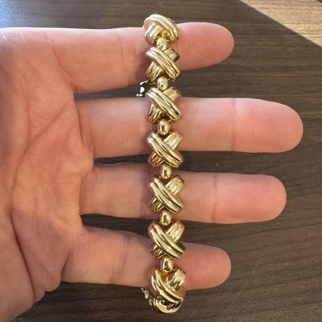 14k Yellow Gold 25.7g Ladies Thick 13mm Fancy X Link Bracelet 8"