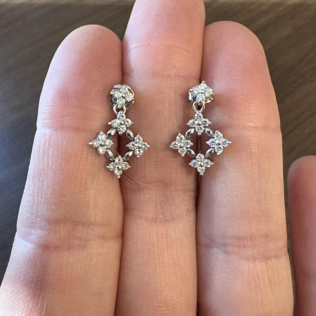 14k White Gold and Diamond Floral Drop Dangle Earrings