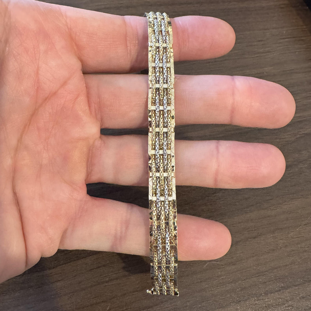 14k Yellow and White Gold 16.3g Braided Popcorn Link Bracelet Italy 7.25"