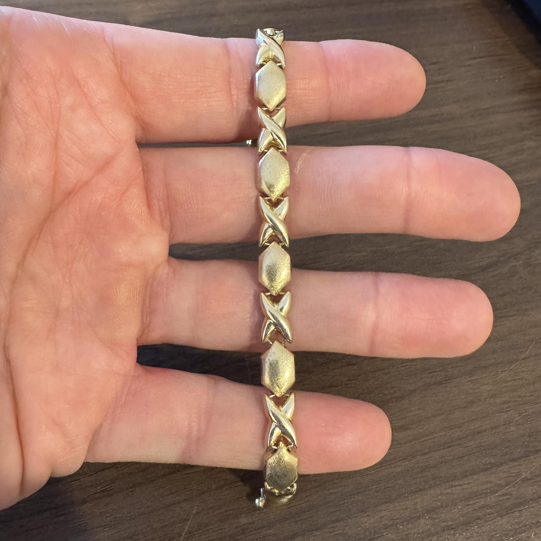 14k Yellow Gold 12g Ladies 7.5mm Hugs and Kisses XO Link Bracelet Italy 7.25"