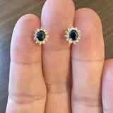 14k Yellow Gold Blue Sapphire and Diamond Halo Stud Earrings
