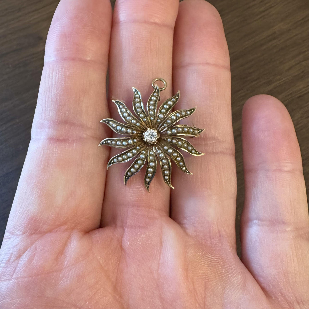 14k Yellow Gold Victorian Seed Pearl and 0.20ct Diamond Starburst Pin Pendant