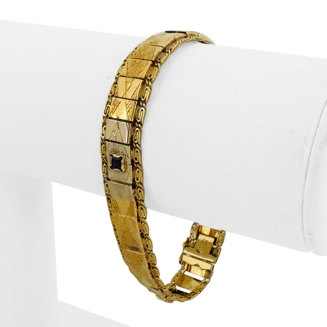 18k Yellow and White Gold Blue Sapphire 9.7g Vintage Fancy Link Bracelet 6.75"