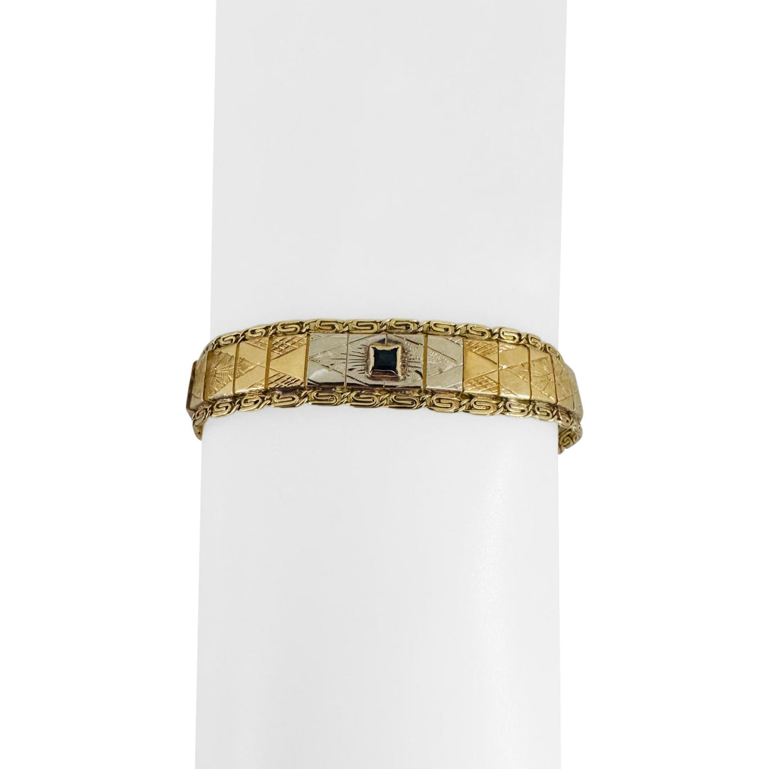 18k Yellow and White Gold Blue Sapphire 9.7g Vintage Fancy Link Bracelet 6.75"