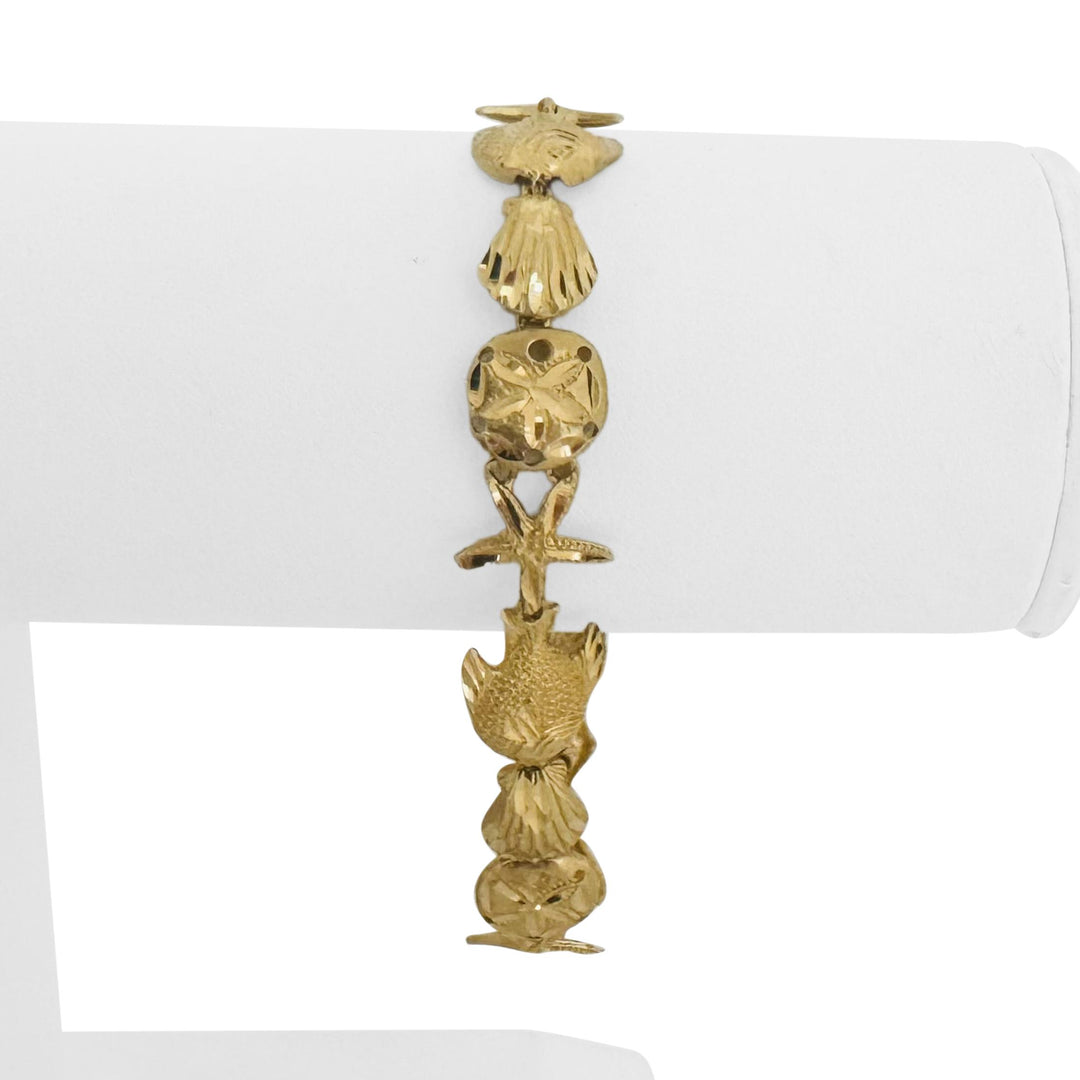 14k Yellow Gold 12.8g Diamond Cut Beach Ocean Charm Link Bracelet 7.25"