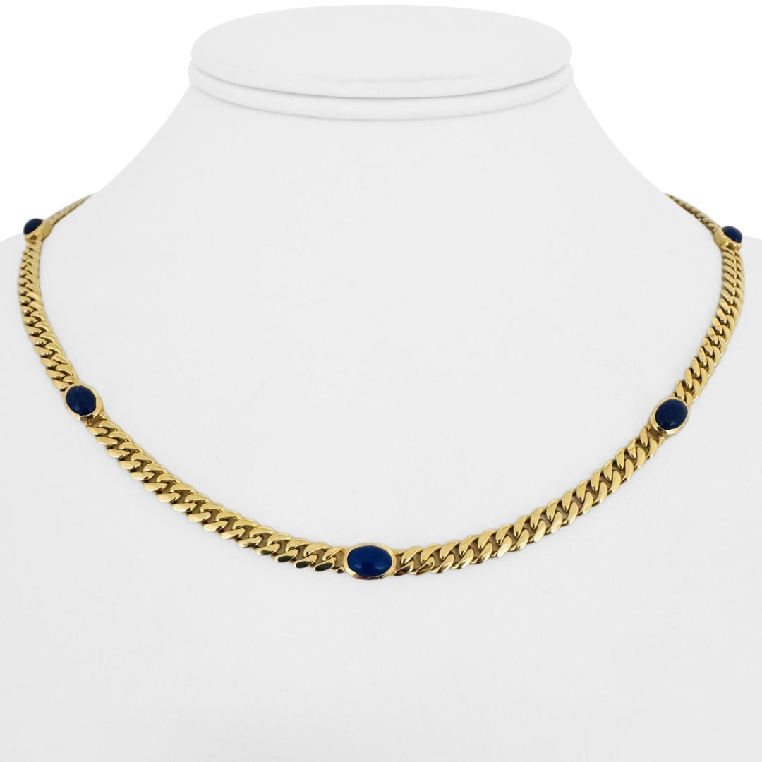 18k Yellow Gold 25.7g Cabochon Lapis Lazuli Curb Link Necklace Italy 17.5"