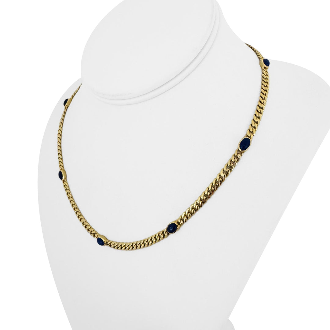 18k Yellow Gold 25.7g Cabochon Lapis Lazuli Curb Link Necklace Italy 17.5"