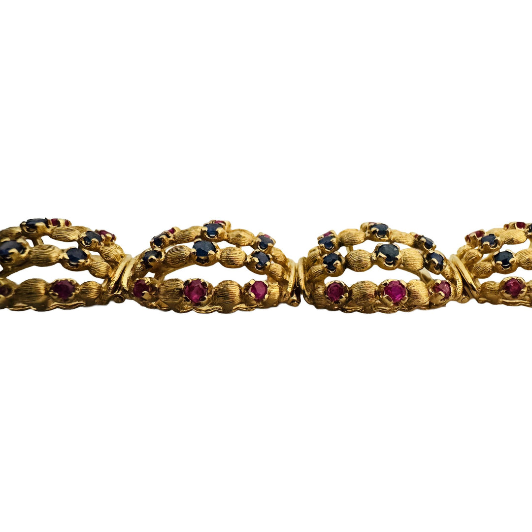 18k Yellow Gold 50g Ruby and Blue Sapphire Fancy Link Vintage Bracelet 7.25"