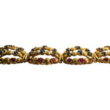 18k Yellow Gold 50g Ruby and Blue Sapphire Fancy Link Vintage Bracelet 7.25"