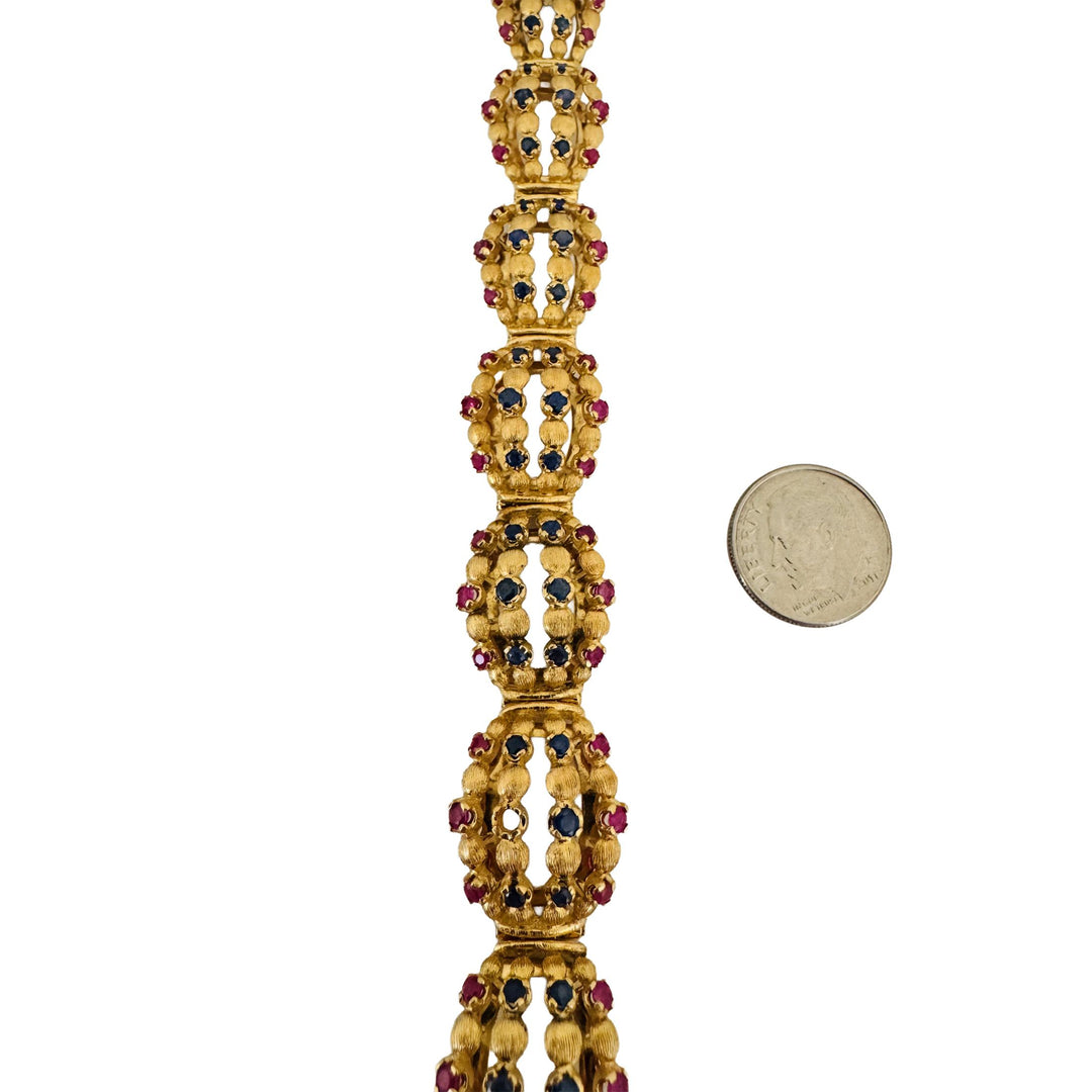 18k Yellow Gold 50g Ruby and Blue Sapphire Fancy Link Vintage Bracelet 7.25"
