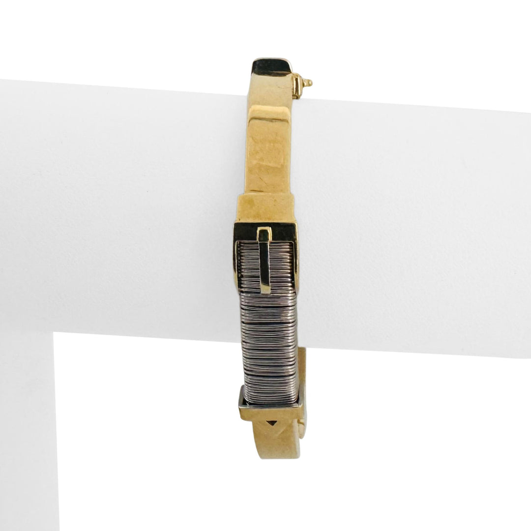 18k Yellow and White Gold 19.7g Ladies 9mm Fancy Bangle Bracelet Italy 6.75"