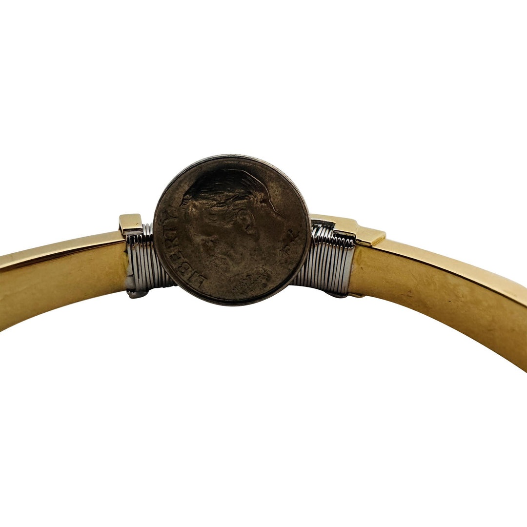 18k Yellow and White Gold 19.7g Ladies 9mm Fancy Bangle Bracelet Italy 6.75"