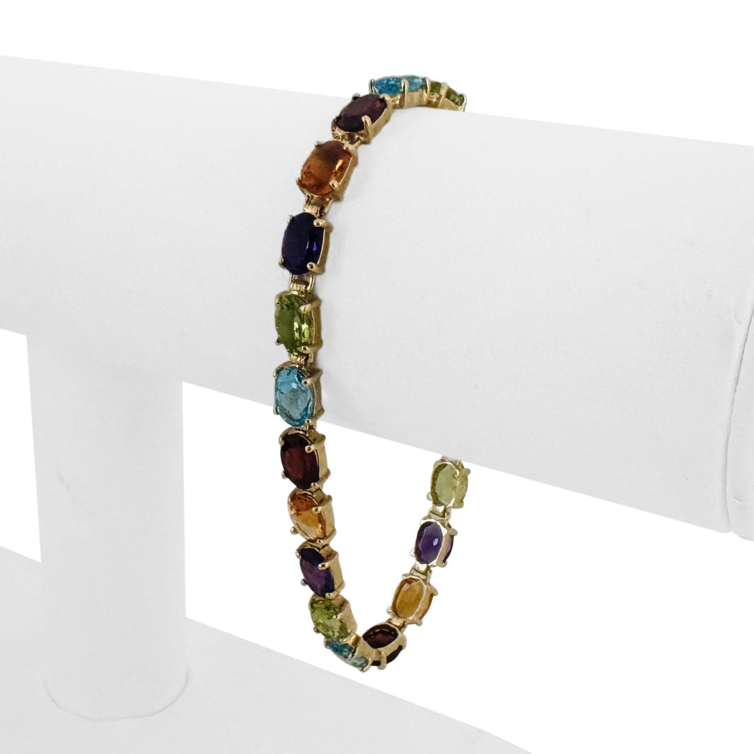 14k Yellow Gold 10.3g Ladies 5.5mm Multi Gemstone Link Bracelet 7.25"