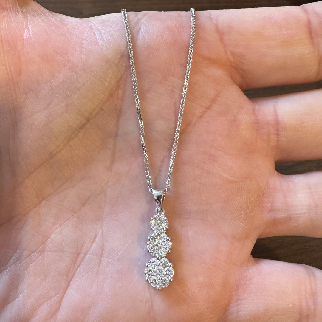 14k White Gold and 1cttw Diamond Cluster Three Pendant Necklace 16"