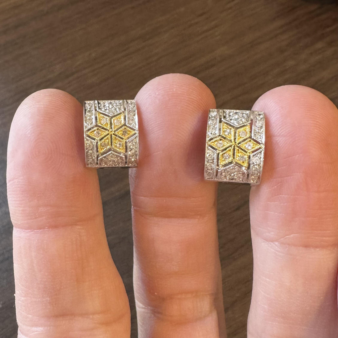 14k White and Yellow Gold Diamond Filigree Huggie Earrings