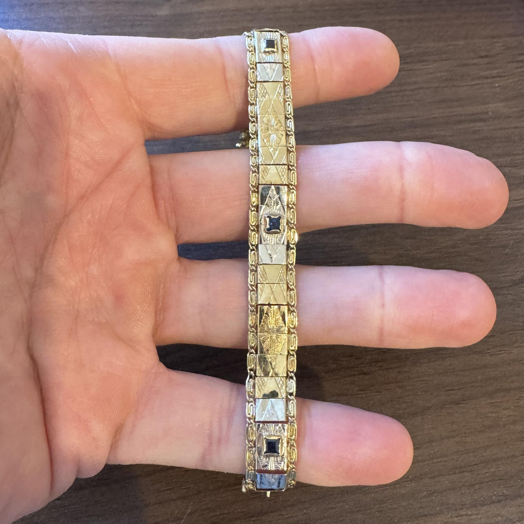 18k Yellow and White Gold Blue Sapphire 9.7g Vintage Fancy Link Bracelet 6.75"
