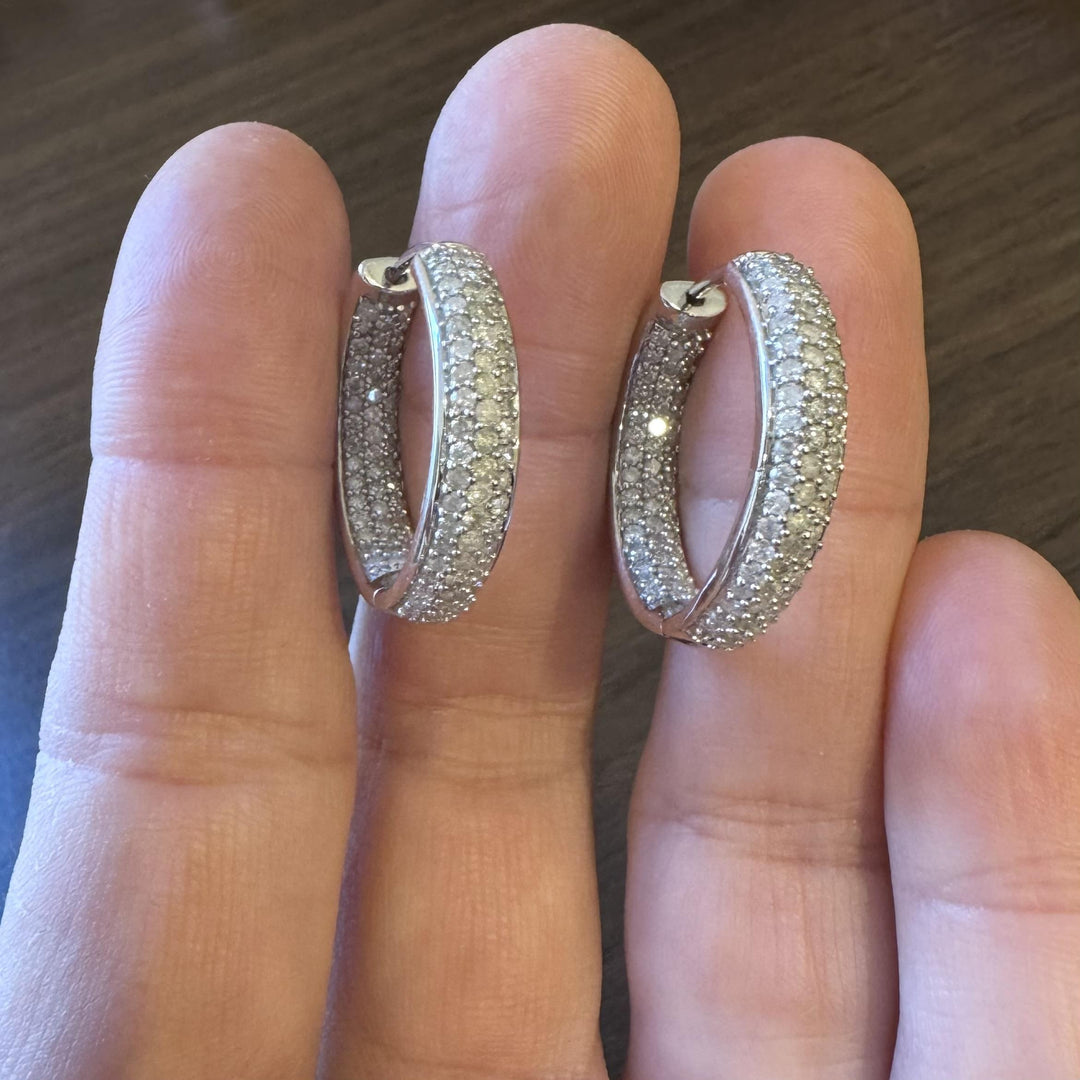 14k White Gold and 3cttw Diamond Inside Out Hoop Earrings 1"