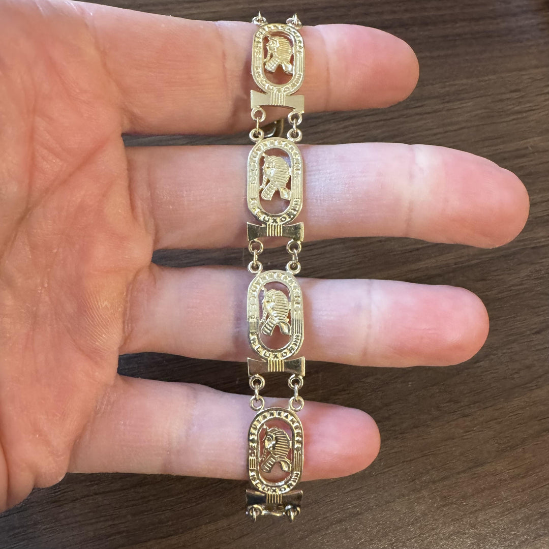 14k Yellow Gold 15.4g Ladies 11mm Egyptian King Tut Panel Link Bracelet 7.75"