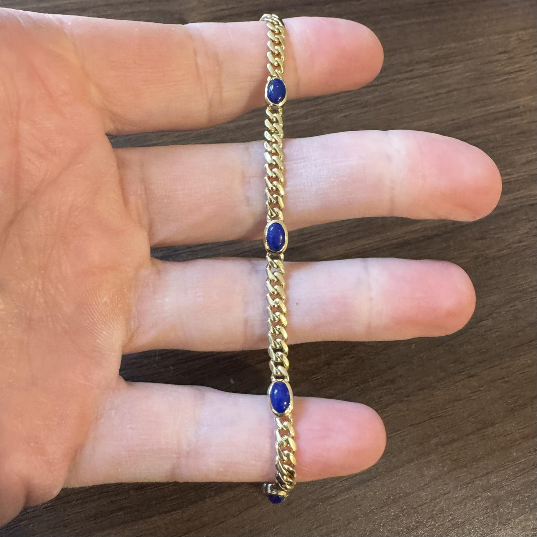 18k Yellow Gold 11.4g Cabochon Lapis Lazuli Curb Link Bracelet Italy 7"