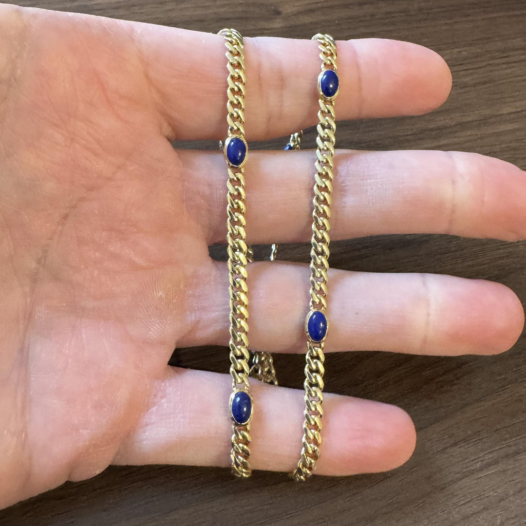 18k Yellow Gold 25.7g Cabochon Lapis Lazuli Curb Link Necklace Italy 17.5"