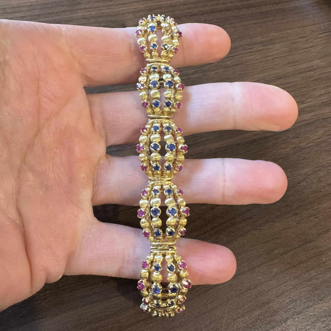 18k Yellow Gold 50g Ruby and Blue Sapphire Fancy Link Vintage Bracelet 7.25"