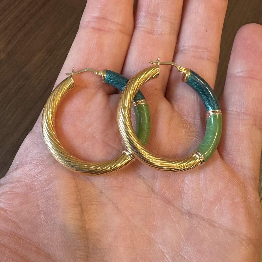 18k Yellow Gold and Green Enamel 9.9g Spiral Hoop Earrings Italy 1.7"