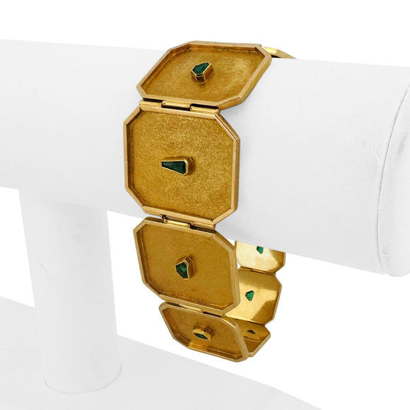 18k Yellow Gold and Emerald 31g Solid Unique Plate Link Bracelet 7.5