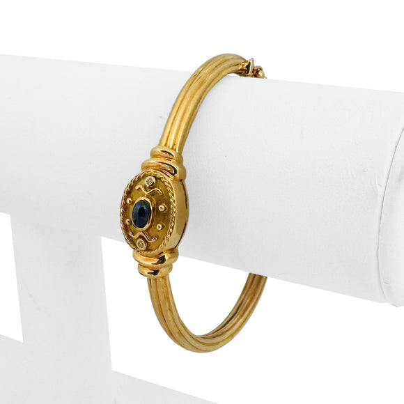 18k Yellow Gold Cabochon Sapphire and Diamond Vintage Bangle Bracelet 6.75