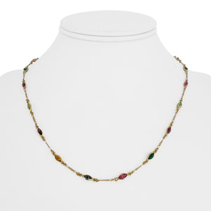 14k Yellow Gold 5.6g Figaro Link Green and Pink Glass Station Necklace Italy 18"