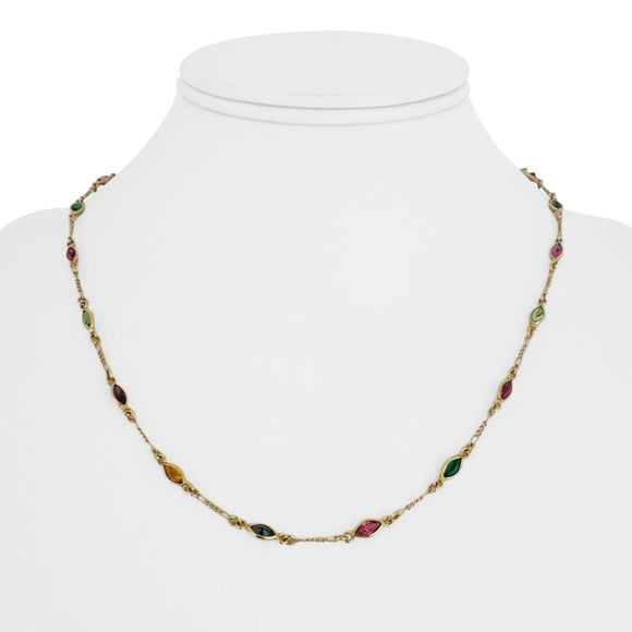 14k Yellow Gold 5.6g Figaro Link Green and Pink Glass Station Necklace Italy 18