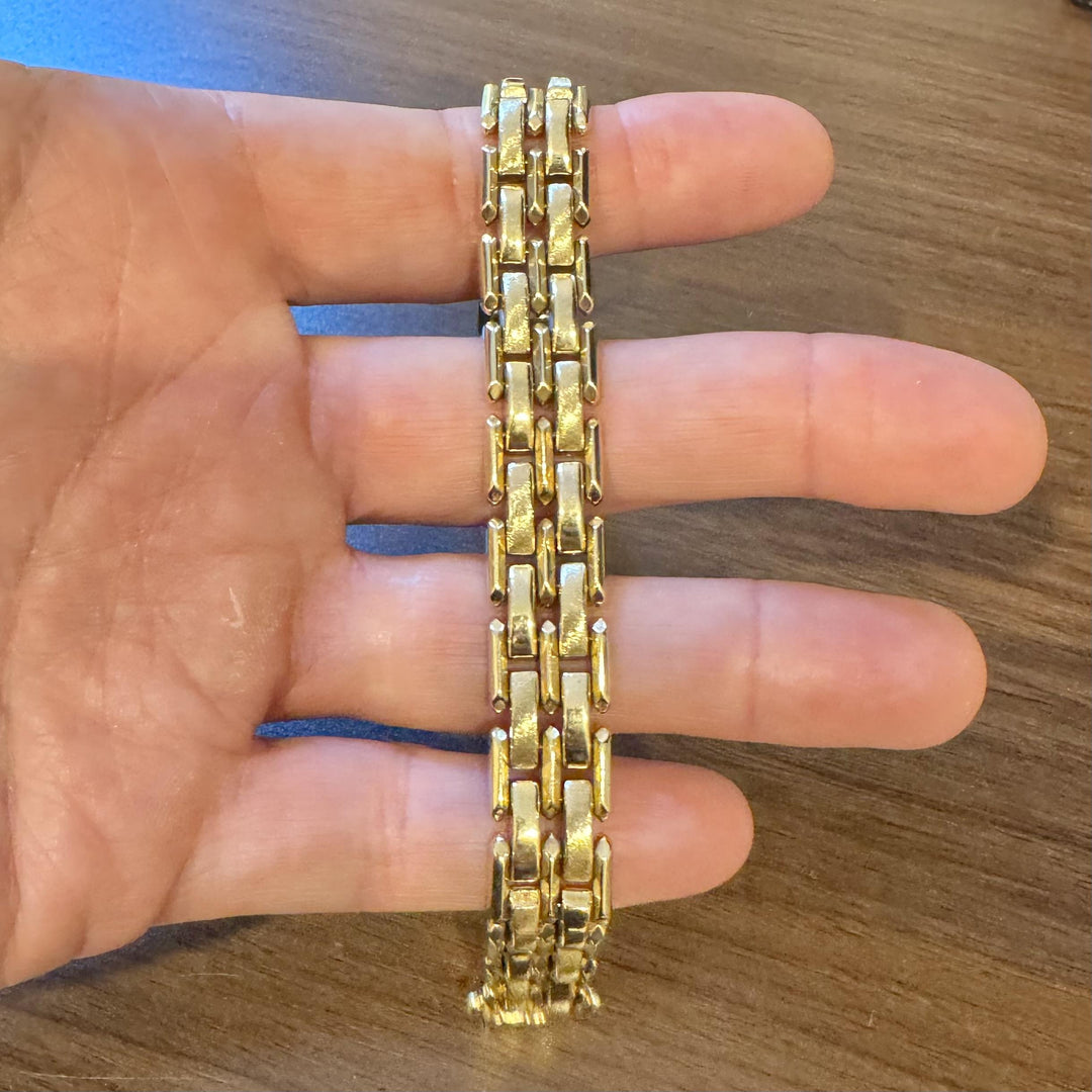 14k Yellow Gold 31.8g Heavy Ladies 13.5mm Fancy Bar Link Bracelet Italy 7.25"