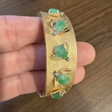 14k Yellow Gold Cabochon Jade and Diamond 45.4g Heavy Bangle Bracelet 6.75"