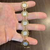 14k Yellow and White Gold 17.8g Greek Key Medallion Link Bracelet 7.25"