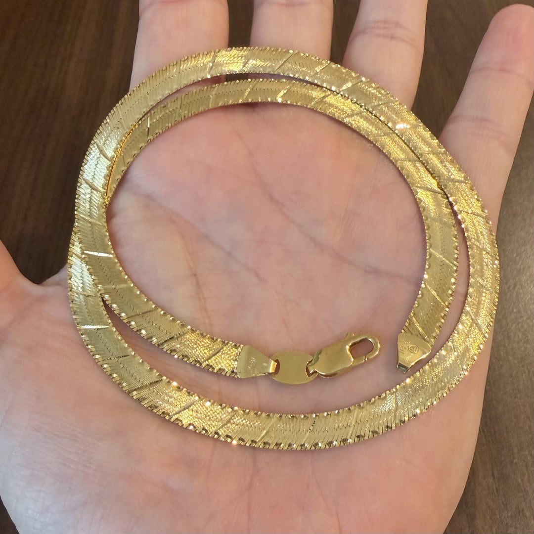 10k Yellow Gold 21.2g Solid Diamond Cut 7mm Herringbone Link Necklace Italy 20"