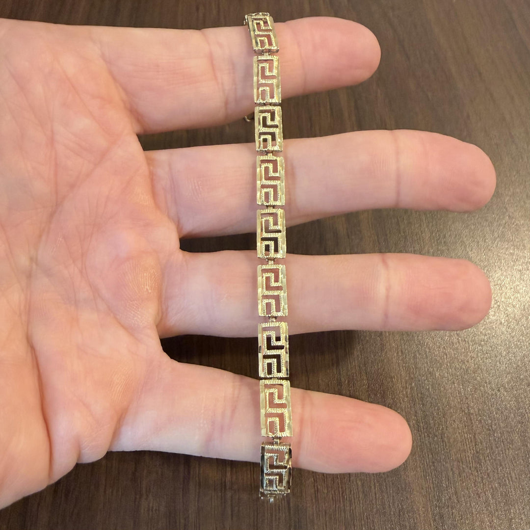 14k Yellow Gold 4.9g Textured Greek Key 6.5mm Panel Link Bracelet 7"
