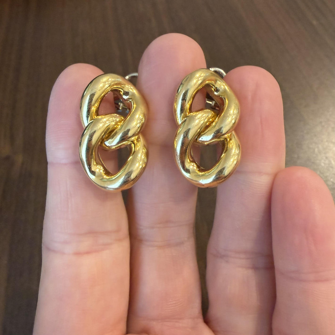 18k Yellow Gold 15g Heavy Polished Large Curb Link Stud Earrings Italy 1.25"
