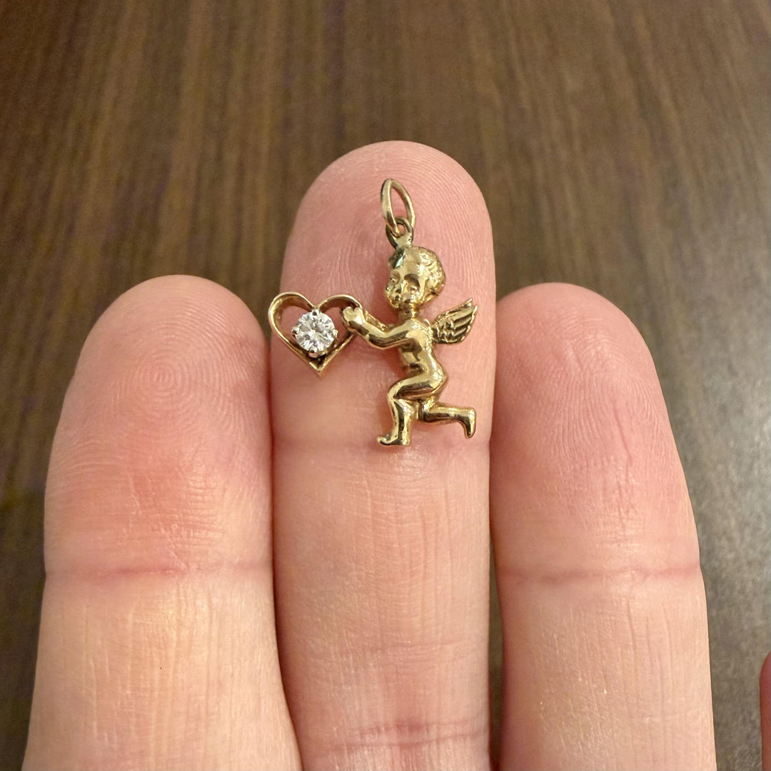 14k Yellow Gold 0.10ct Diamond Vintage Cupid Charm Pendant
