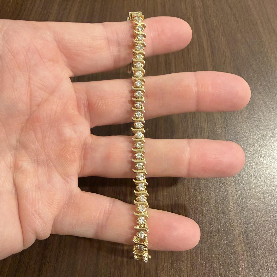 14k Yellow Gold and 3cttw Diamond Solid S Link Vintage Tennis Bracelet 7"