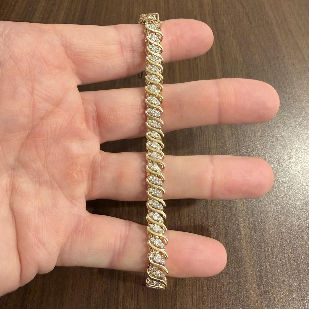 10k Yellow Gold and 4cttw Diamond Cluster Solid S Link Tennis Bracelet 7"