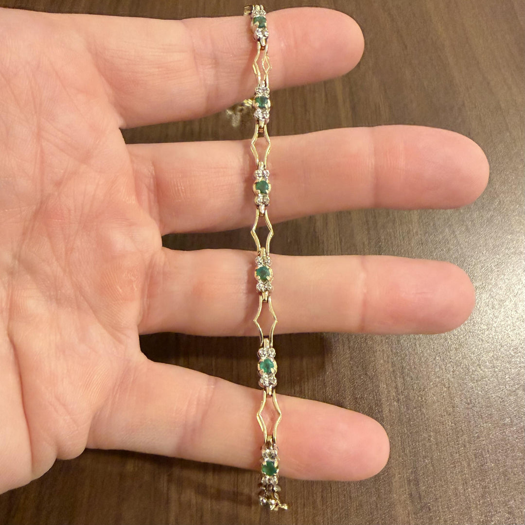 14k Yellow Gold Emerald and Diamond Fancy Link Bracelet 7.5"