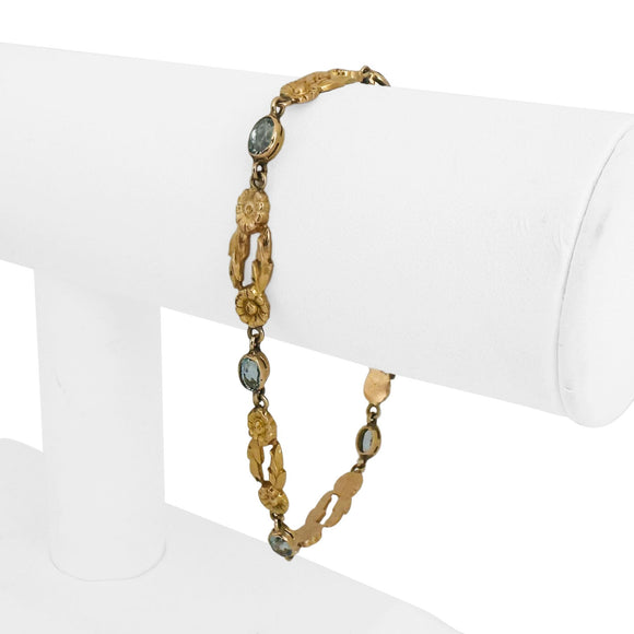14k Yellow Gold and Aquamarine 12g Solid Fancy Floral Link Bracelet 8