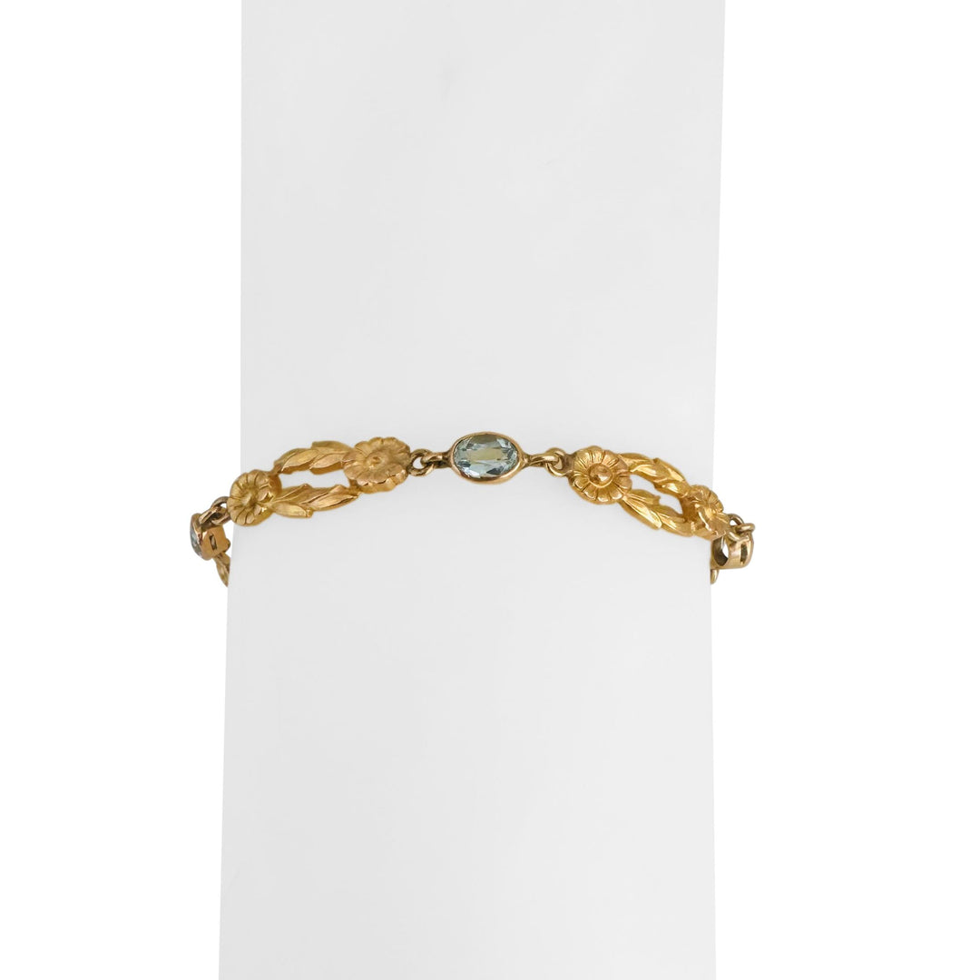 14k Yellow Gold and Aquamarine 12g Solid Fancy Floral Link Bracelet 8"