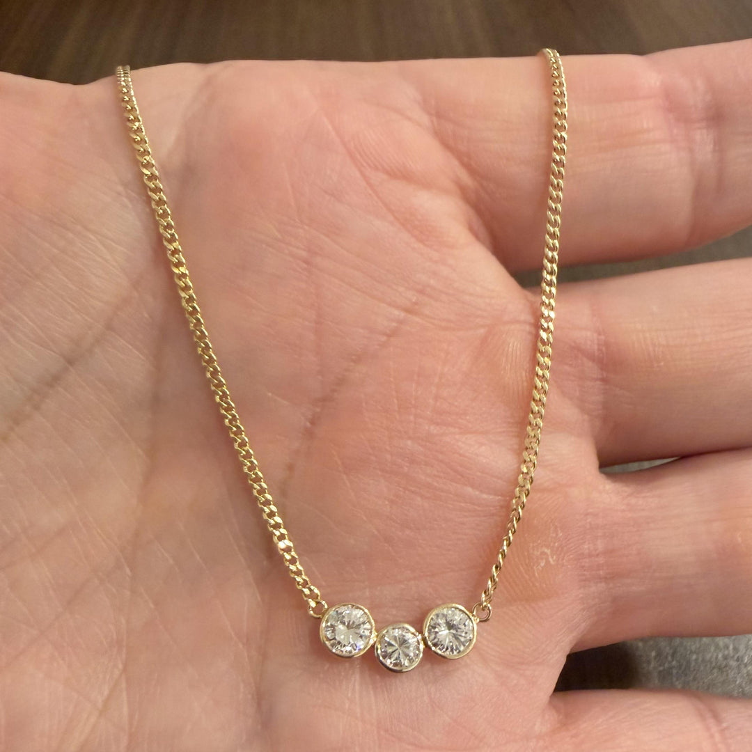 14k Yellow Gold and 1cttw Bezel Set Three Diamond Station Pendant Necklace 19"