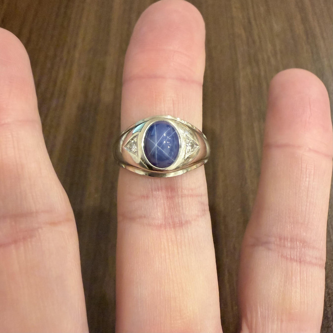 14k White Gold Blue Star Sapphire and Diamond Men's Ring Size 9