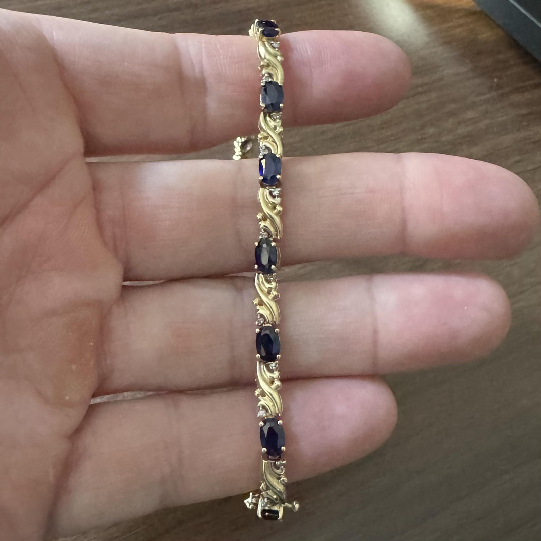 14k Yellow Gold Blue Sapphire and Diamond Ladies Link Bracelet 6.5"
