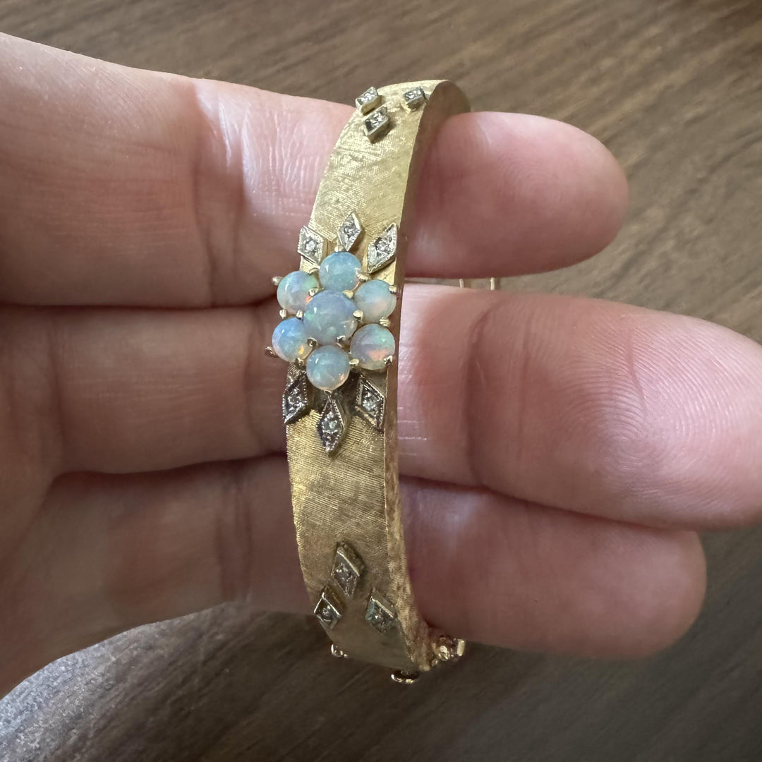 14k Yellow Gold Opal and Diamond Vintage Satin Finish Bangle Bracelet 6.25"
