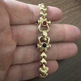 14k Yellow Gold 21g Fancy Link Cabochon Garnet and Onyx Bracelet Italy 7.25"
